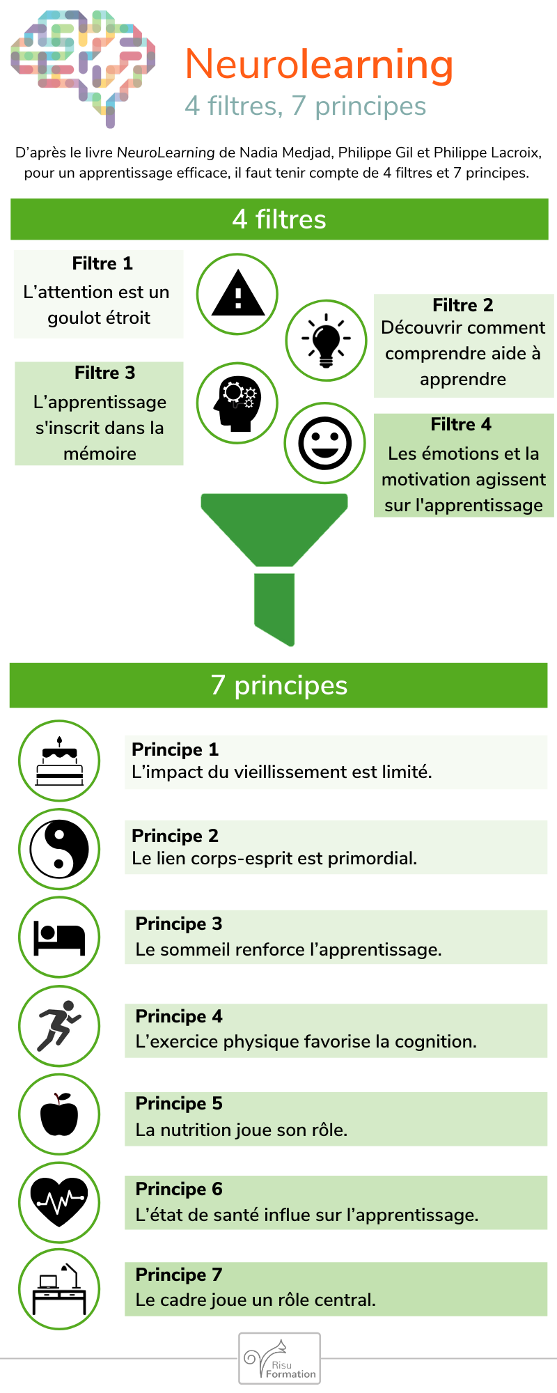 Infographie : neurolearning, 4 filtres, 7 principes.